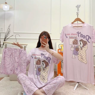 东南亚pajamas夏季短袖睡裙家居服卡通睡衣女士长裤四件套可外穿