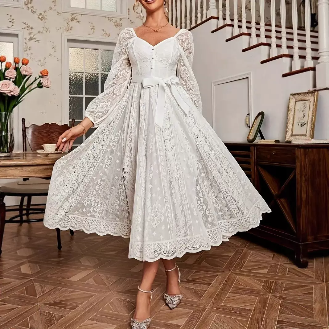 欧美跨境外贸女装优雅气质复古蕾丝V领大A摆长袖礼服连衣裙礼裙子