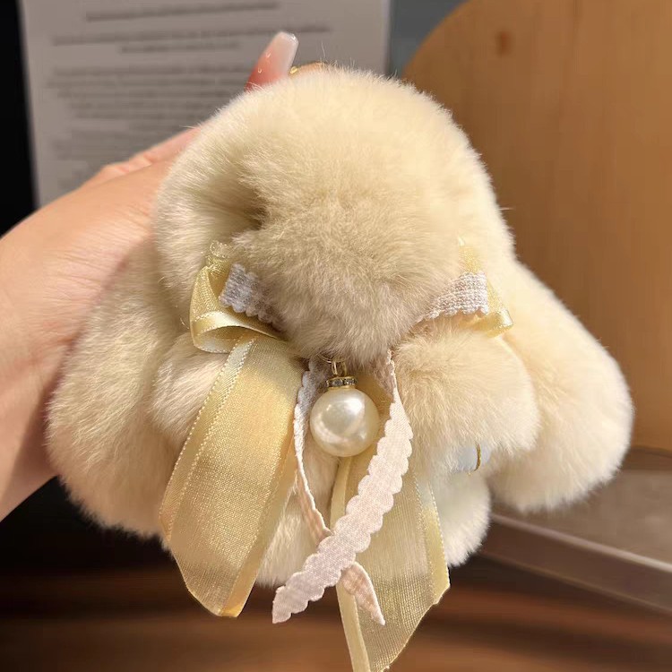 Cute conejo real peludo arco perla pequeño conejo llavero de coche colgante muñeca de peluche bolsas colgante