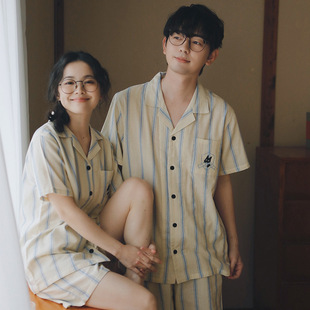 Clear 59/65-Beast Home Wear Summer Thin Couple Pajamas Cotton Gauze suit for Men and Women