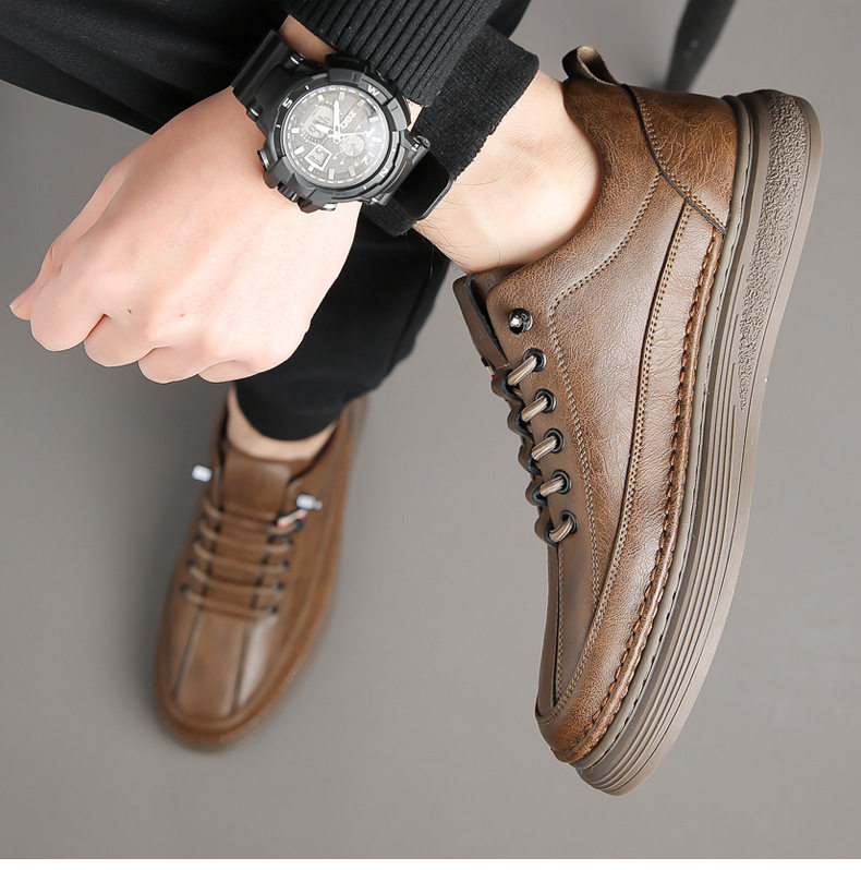 Giày sneaker nam da bò thật phối da, đế bằng mềm, cổ thấp, dây thun co giãn — GX2036 kaki, GX2036 màu trắng, GX2036 màu xám chi tiết 7