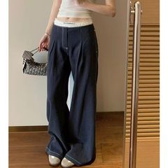 韩系蕾丝拼接腰显瘦牛仔阔腿裤女春季2025新款设计感高腰直筒裤子