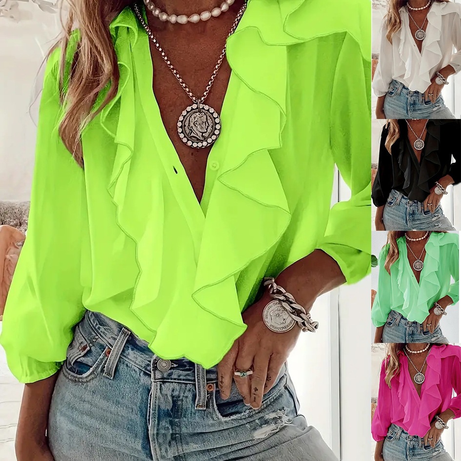 Amazon 2026 Cross-Border European and American Women's Elegant Ruffled V-Neck Solid Color Long-Sleeve Casual Loose Top Shirt