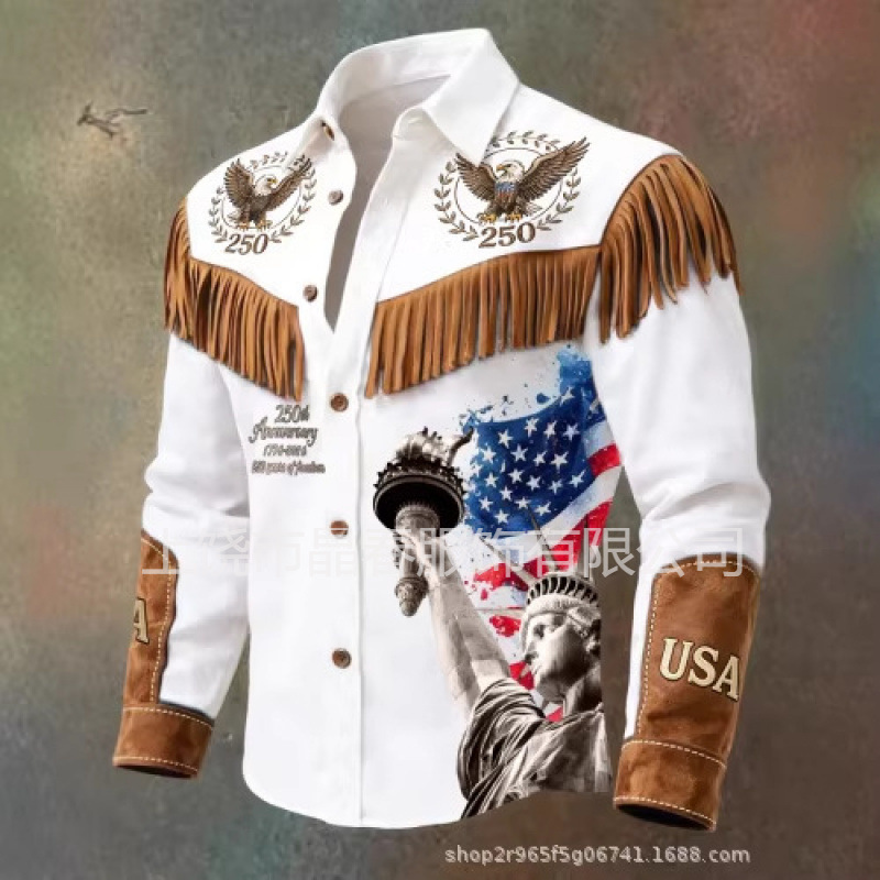 Cross-Border New Men's Clothing Retro Distressed Western American Anniversary Print Tassel Shirt