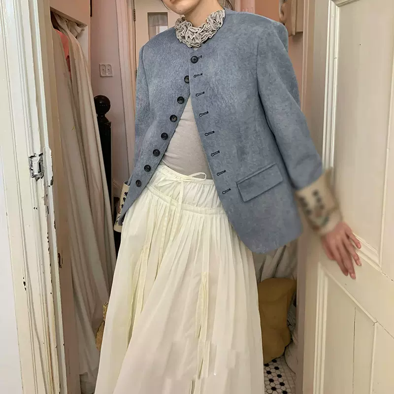 Spo蓝色麂皮法式中古西装夹棉外套/米白色压褶设计感半裙2026春季