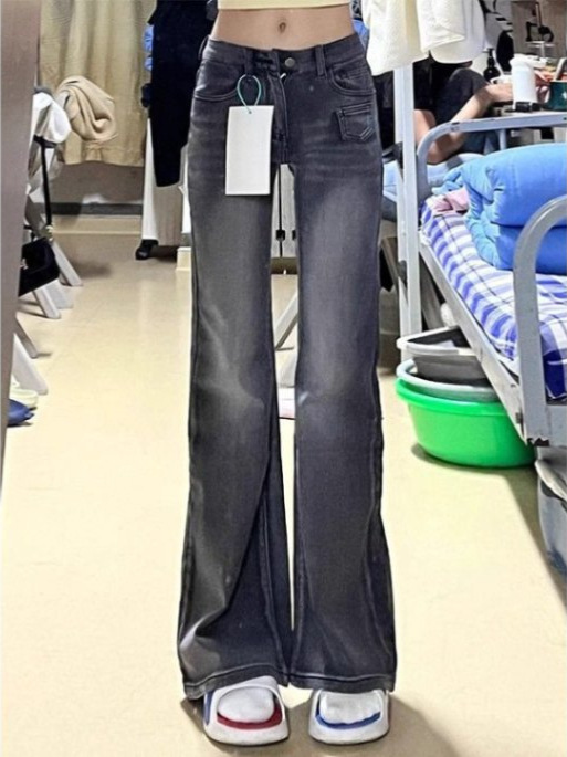 Black Grey Slimless Trumpet Jeans Women's Autumn 2024 New Low Waist Loose Wide Leg Slimming Straight Pants