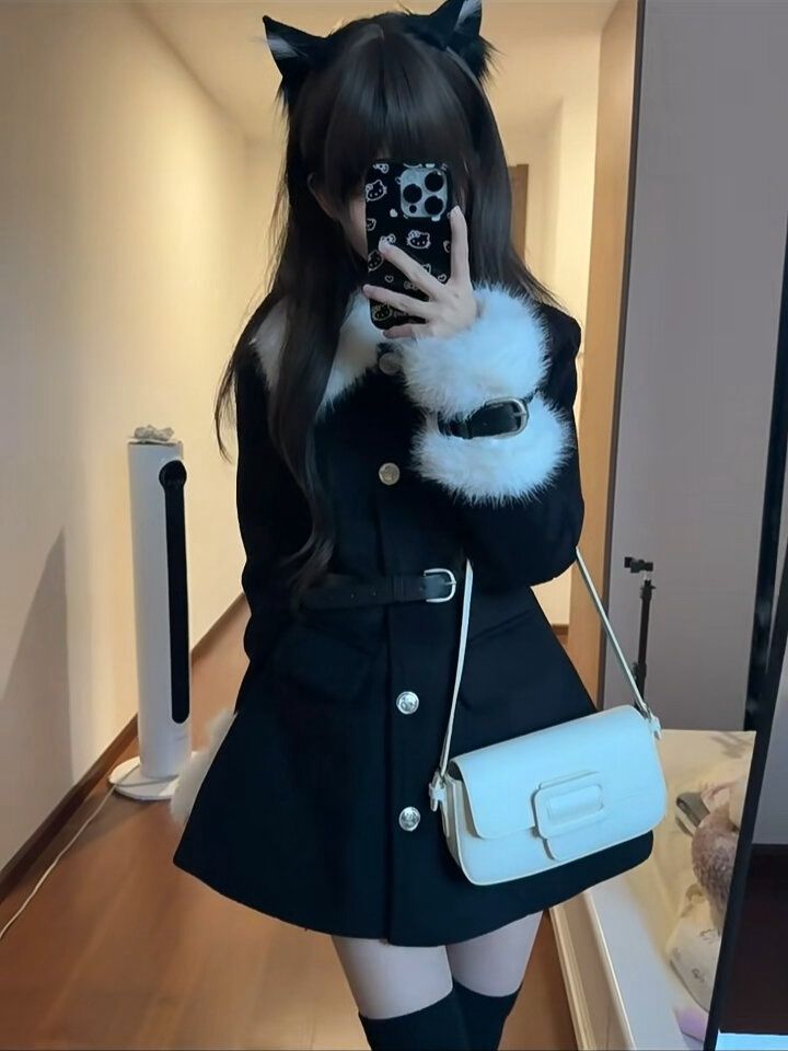 ChicShe College Style Patchwork Woolen With Fur Collar Dress Autumn And Winter, Elegant Waist-Cinching Coat For Rich Socialite_voghion.com