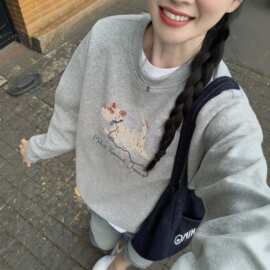 美式灰色无帽卫衣女秋冬季新款外套小个子宽松慵懒风圆领加绒上衣