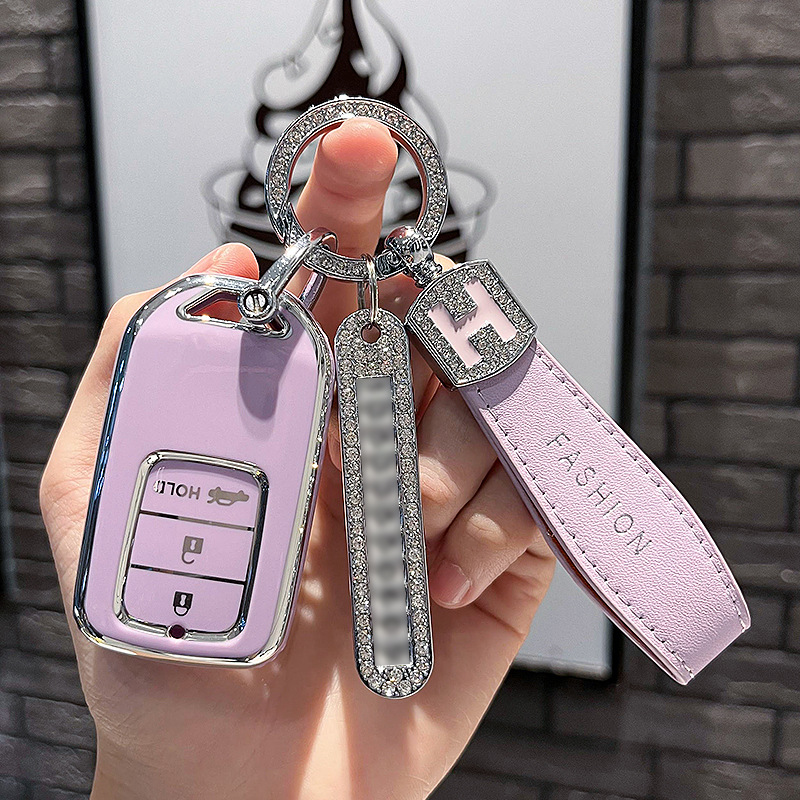 BT 키 P 모델 - 스마트 3버튼 [싱글 쉘 퍼플] + 퍼플 H 가죽 로프 다이아몬드 버클 + 실버 번호판