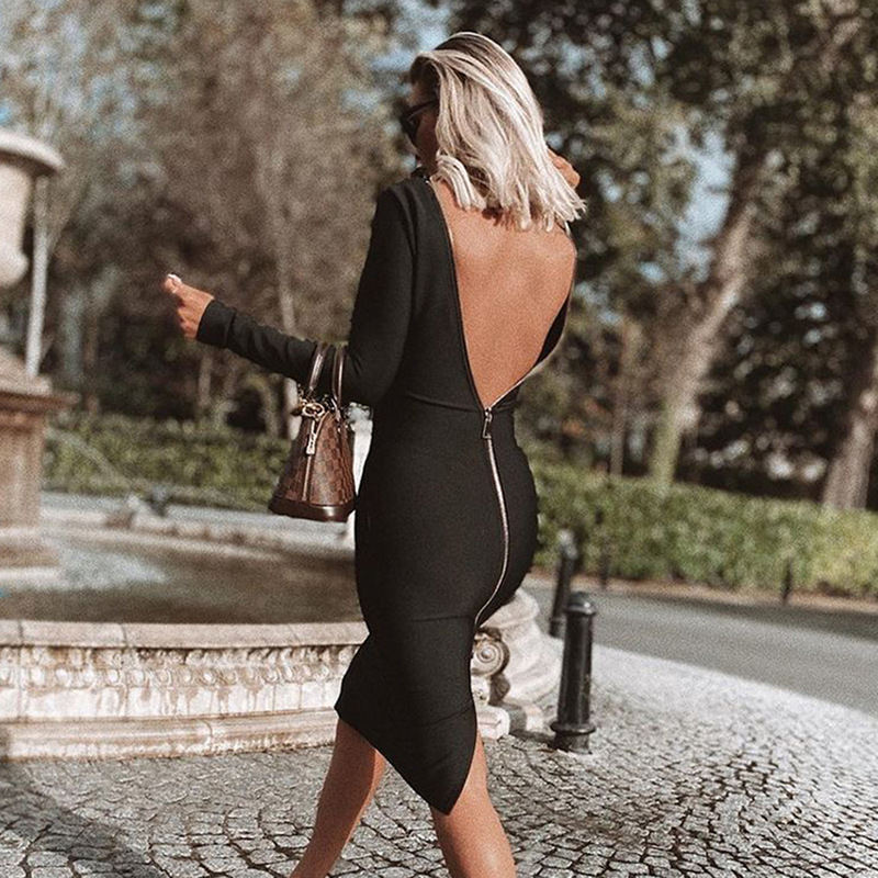 European and American Sexy Women's Clothing, Backless, Waist-Cinching, Slimming, Hip-Hugging Dress, Back Zipper, Tight Bandage Mid-Length Dress