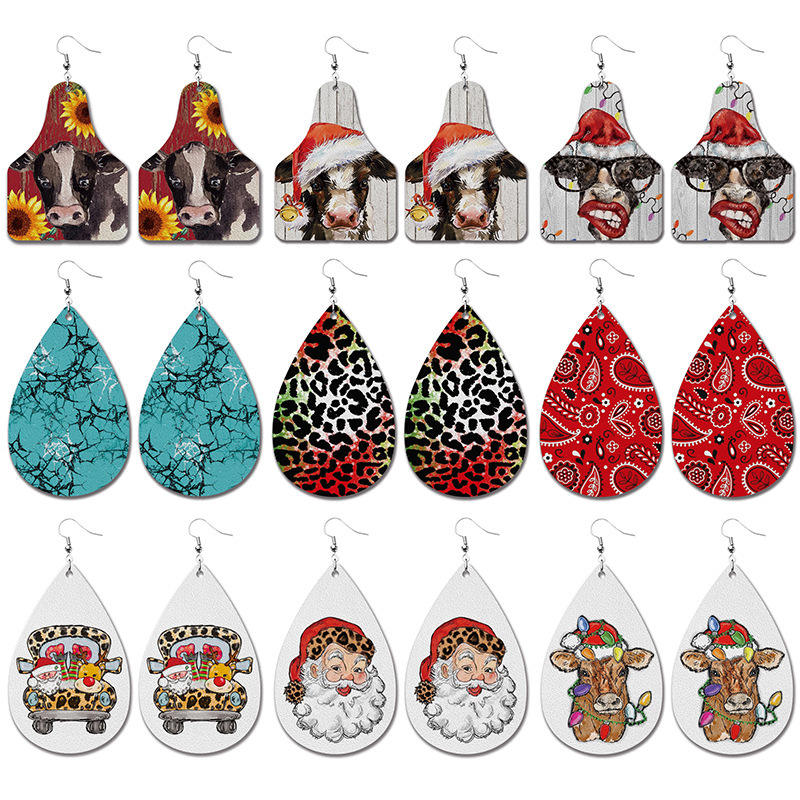 Christmas Pu Leather Earrings Cow Deer Santa Claus Red and Black Plaid Leopard Print Drop Earrings European and American Export Christmas Pu Leather Earrings Cow Deer Santa Claus Red and Black Plaid Leopard Print Drop Earrings European and American Export