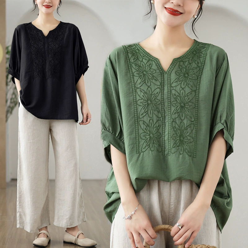 Реальная стрельба 2024 Новый большой размер женщины 9312 # корейская вышитая рубашка с короткими рукавами футболка женская