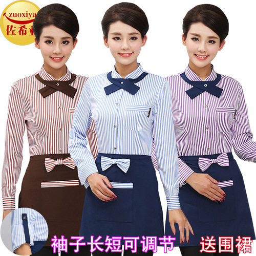  Blue striped restaurant waiter overalls chef work uniforms short-sleeved  female hotel coffee shop catering organic long sleeve waitress suit uniforms