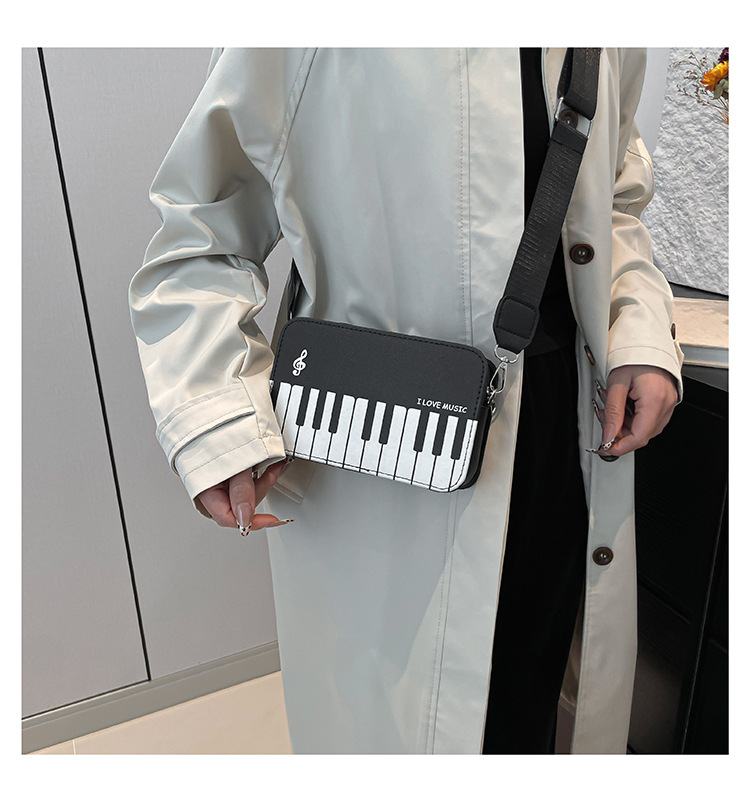 178g Weight Zipper Closure Type Sling Strap Strap Type Crossbody Bag Bags Type Casual, Shopping Occasion Pu Leather Material Piano, Notes Pattern All Seasons Season Women's Gender Cute Style Square Shape Women's Pu Leather Piano Notes Cute Square Zipper Crossbody Bag 3