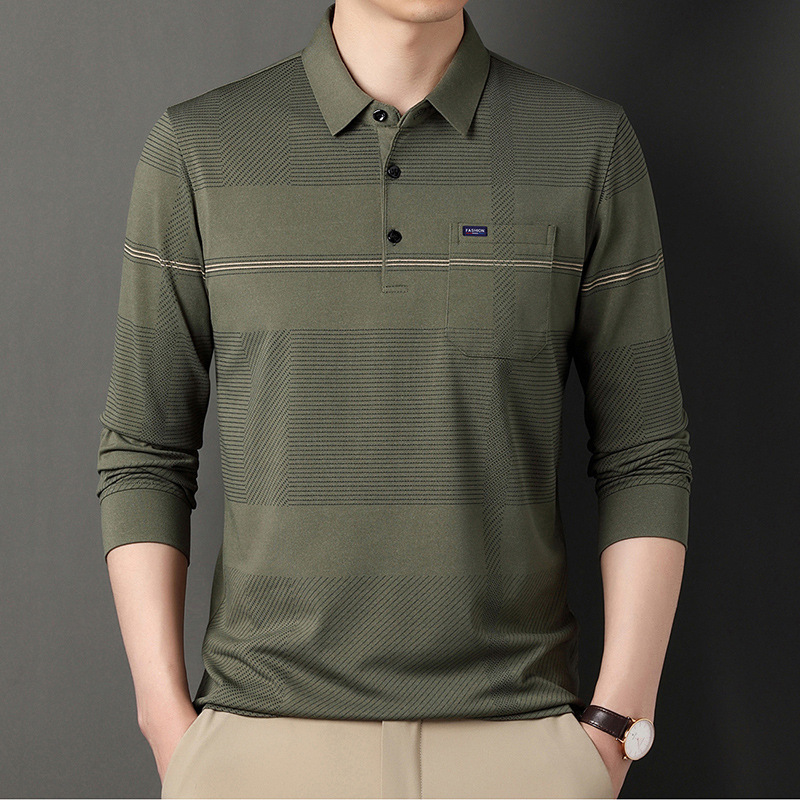 2023 Spring and Autumn Dad Clothes Men's Long-sleeved T-shirt Men's Real Pocket Top Striped Pocket Men's Polo Shirt 2023 Spring and Autumn Dad Clothes Men's Long-sleeved T-shirt Men's Real Pocket Top Striped Pocket Men's Polo Shirt