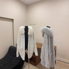 雪兔精灵 狐狸毛皮草大毛领连帽麻花毛衣外套中长款宽松针织