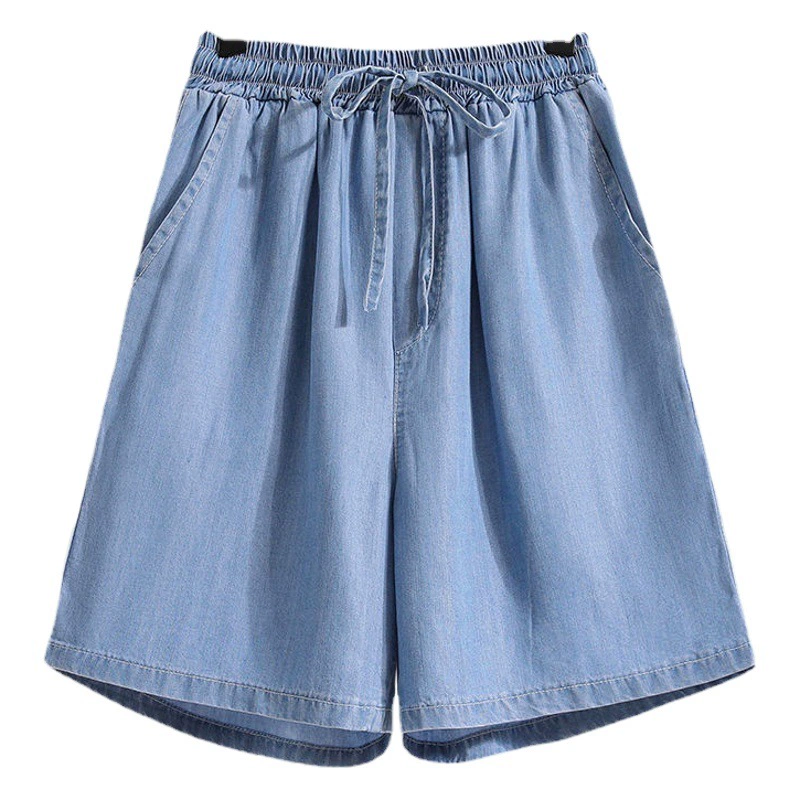 Женские летние джинсовые шорты Tencel, новые тонкие повседневные свободные брюки А-силуэта из ледяного шелка с широкими штанинами и высокой талией из пяти точек, большие размеры