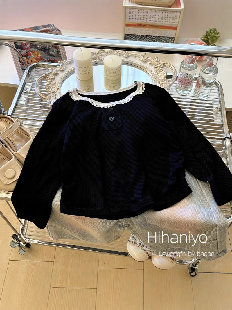 Ropa de abrigo para niñas, cuello redondo, encaje, manga larga, camisa interior elástica de rayón, camisa básica para mujer, top de primavera y otoño, informal y moderno, para primavera y otoño