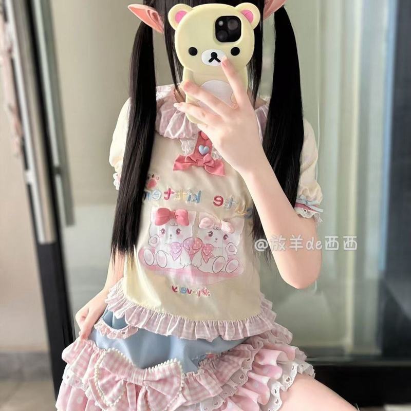 女儿小个子短袖软妹少女可爱日系短裙甜美上衣花边蛋糕两件套纯色|undefined