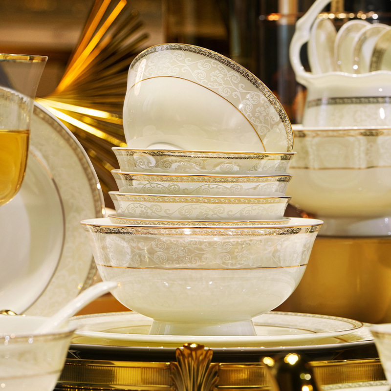 Free Combination Jingdezhen Bowl and Dish Set Household Fashion Accessible Luxury Bone China Tableware Ceramic Rice Bowl Noodle Bowl Plate Free Combination Jingdezhen Bowl and Dish Set Household Fashion Accessible Luxury Bone China Tableware Ceramic Rice Bowl Noodle Bowl Plate