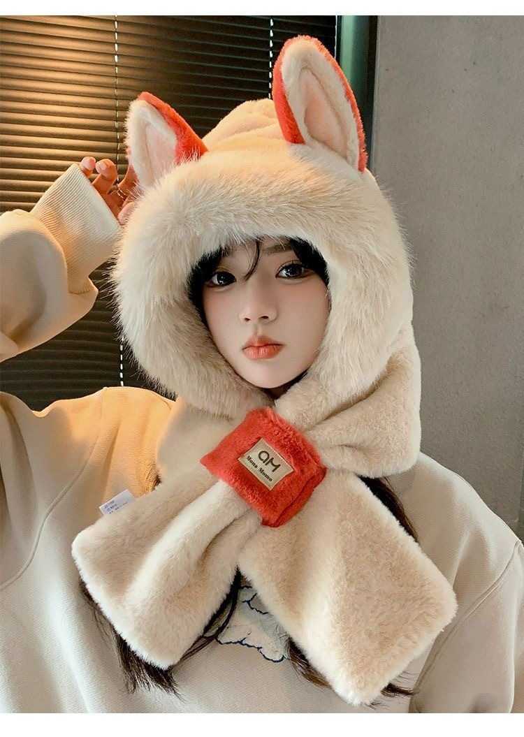 Plush hat in one, women's autumn and winter fox ears cute cycling warm ear protection with thick velvet scarf_voghion.com