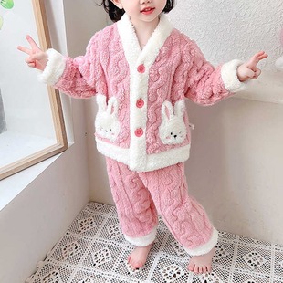 Girls Pajamas Set Autumn and Winter Flannel Children Girls Baby Plus Velvet Thickened Warm Coral Velvet Home Clothes