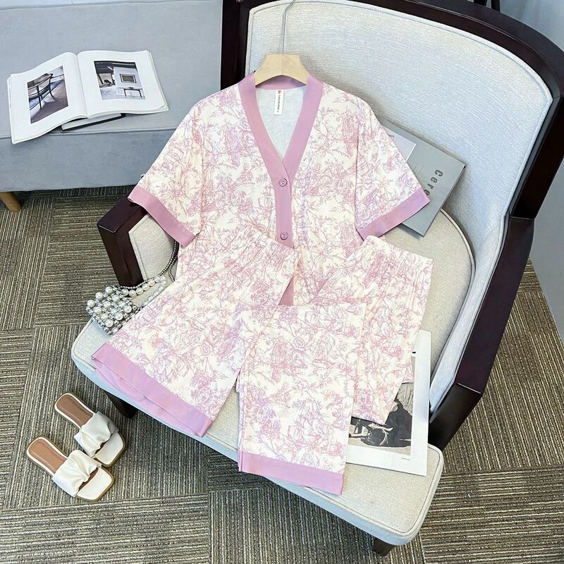 Tiktok Ai Live-Stream Hot-Selling Factory Wholesale Cross-Border Ice Silk Pajamas for Women, Summer Loungewear Short-Sleeve Three-Piece Set with V-Neck Tiktok Ai Live-Stream Hot-Selling Factory Wholesale Cross-Border Ice Silk Pajamas for Women, Summer Loungewear Short-Sleeve Three-Piece Set with V-Neck