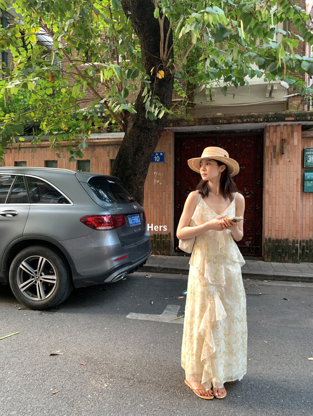 Đầm maxi nữ thắt eo họa tiết hoa nhí phong cách Pháp tay dây — màu hồng, màu tím, màu vàng chi tiết 5