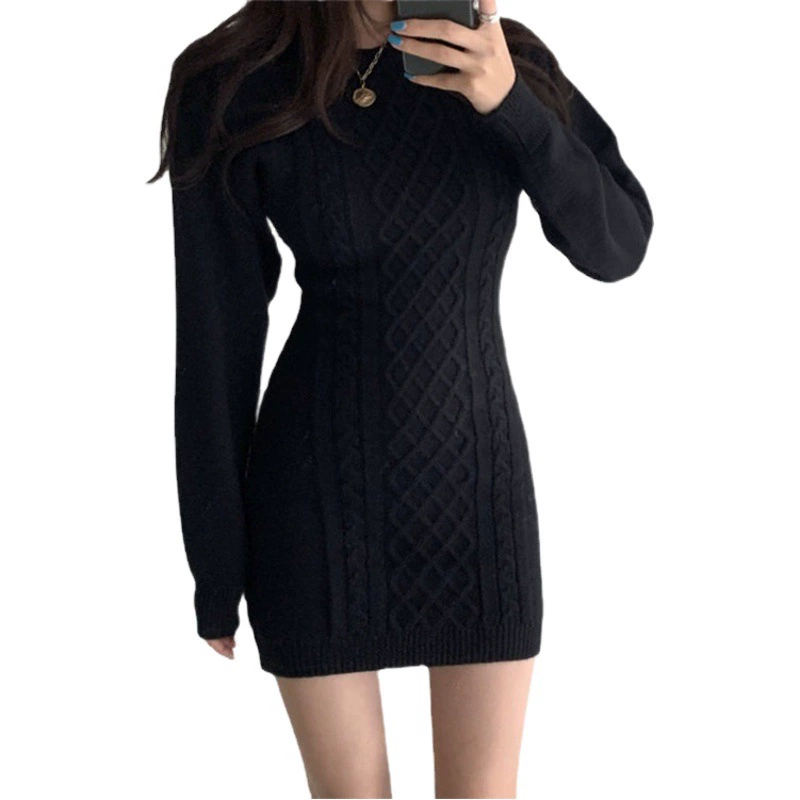 Han Fan ins осенне-зимнее элегантное вязаное платье с круглым вырезом и ромбовидным узором, машинка с открытой спиной, приталенное вязаное платье для похудения на бедрах для женщин