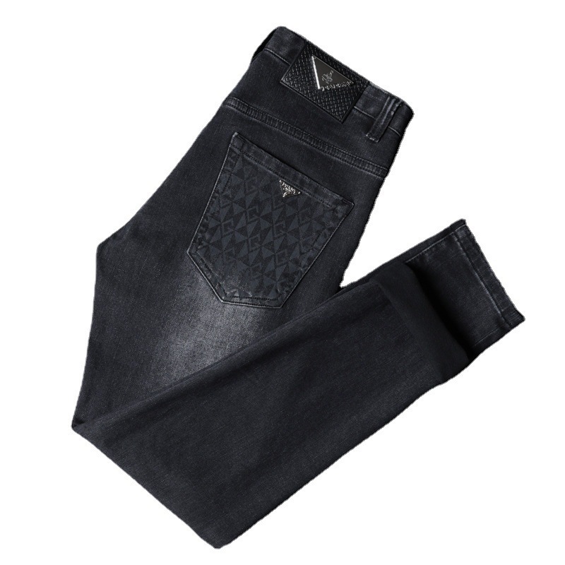 Jeans neri invernali europei, pantaloni in pile slim fit alla moda da uomo, pantaloni casual elastici da uomo_voghion.com