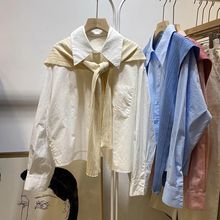 纯棉假两件衬衫女长袖2025早秋韩版简约大气两件套针织披肩衬衣女
