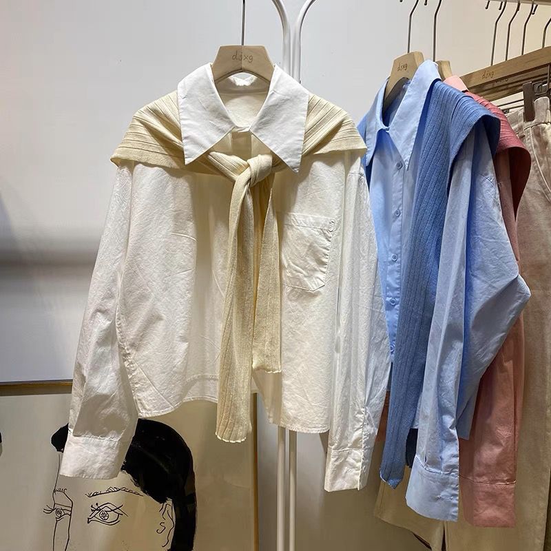 纯棉假两件衬衫女长袖2025早秋韩版简约大气两件套针织披肩衬衣女