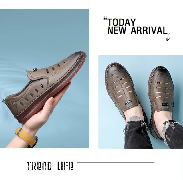 Giày sandal nam da lười khoét lỗ đế bằng chống trượt thoáng khí — Màu kaki, màu đen chi tiết 16