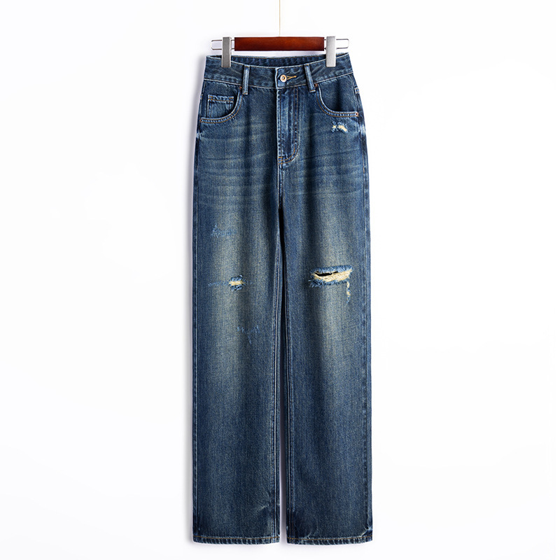 Li Girl Blue Ripped Jeans Women's New 2025 Autumn Hot Style High Waist Slim Straight-Leg Leg Wide Leg Pants Clear