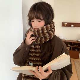 2025条纹美拉德风冬季保暖粉棕新品氛围感软糯糯撞色护颈百搭围巾