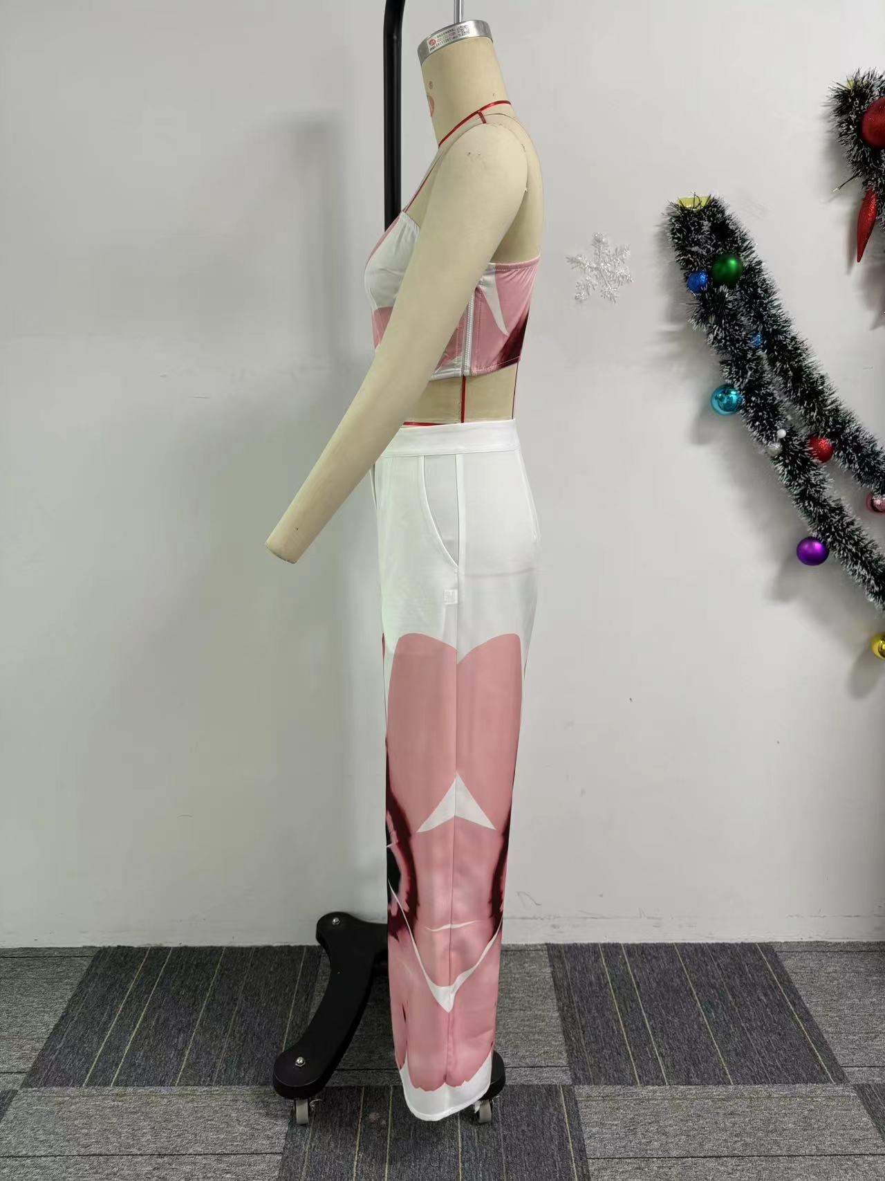Ensemble deux pièces pantalon large coupe slim à une épaule imprimé pour femme_voghion.com