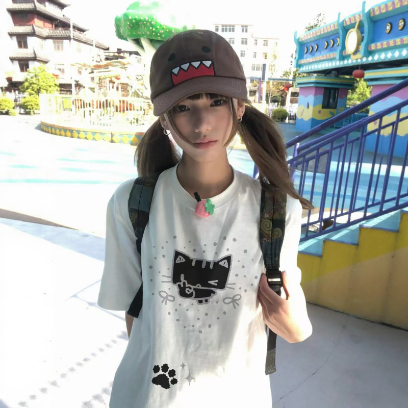 White Short-Sleeve T-Shirt for Women, 2026 New American Style, Heavyweight Pure Cotton, Cartoon Cat Design, Niche Lazy Style Top