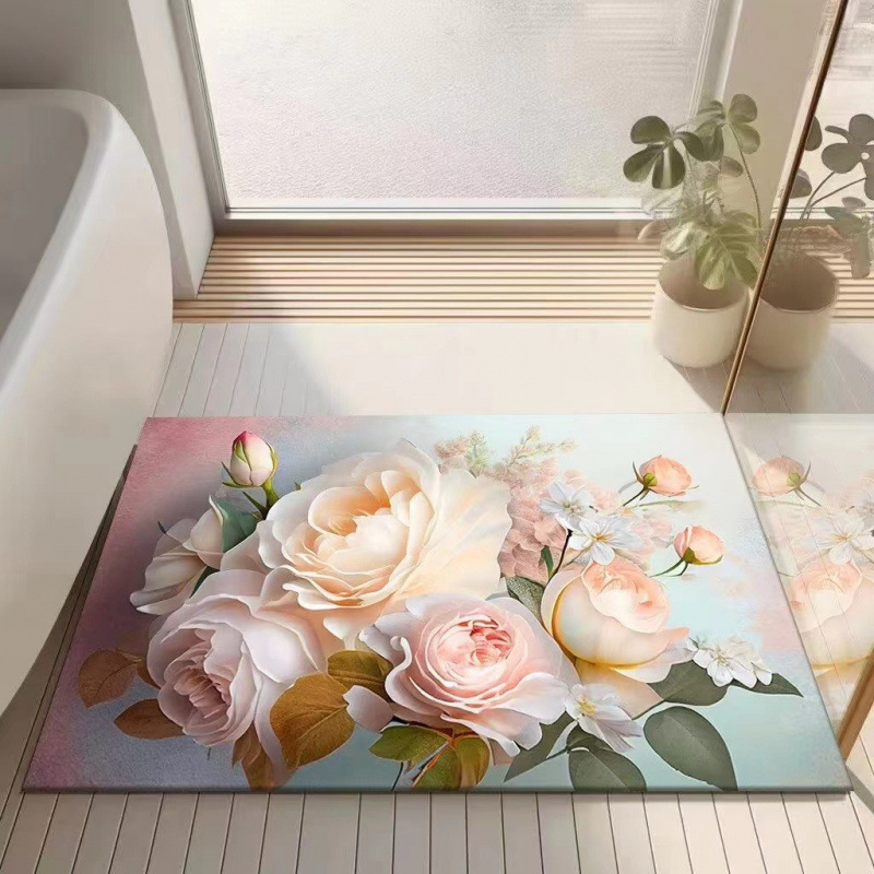 3D bloemenmotief met diatomeeënaarde, moderne, lichte, luxe badkamermat, waterabsorberend, sneldrogend, antislip en wasbaar._voghion.com