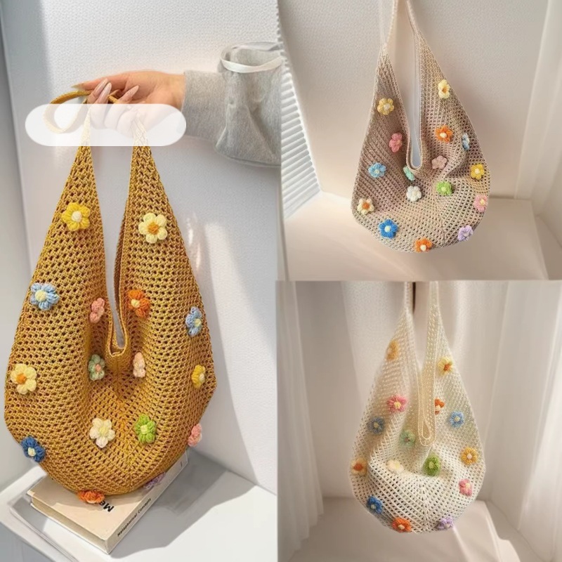Holiday Travel Knitted Shoulder Bag, Retro Mesh Hollow-Out Handbag, Simple Woven Bag