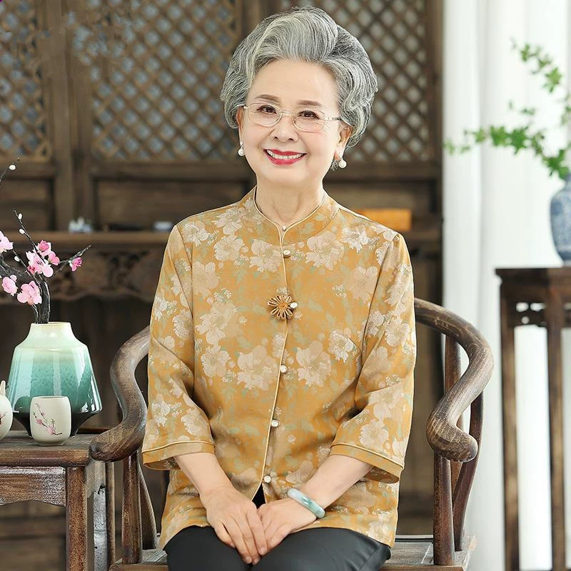 Пожилые люди летнее платье мама рубашка большого размера бабушка семиочечные рукава рубашка пожилой костюм новая старушка одежда