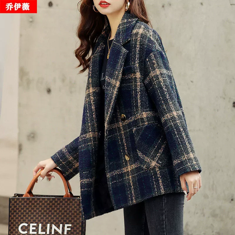 [Хлопок без хлопка] клетчатое шерстяное пальто женский 2021 осень и зима дикая свободная шерстяная куртка