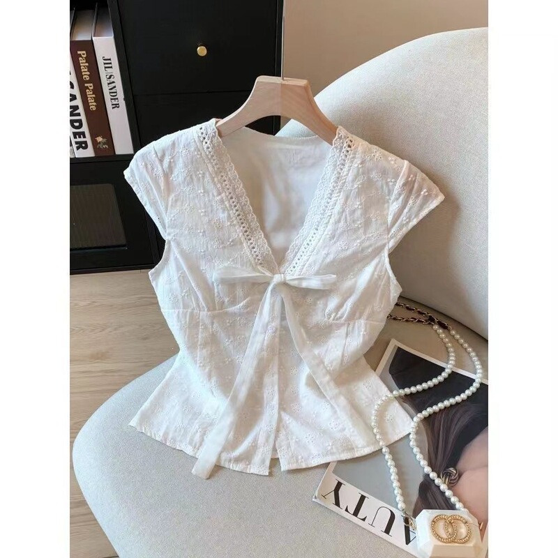 French Lace Embroidered Hollow-Out White Short-Sleeve Shirt for Women, New Summer Style with Elegant Bow and Flutter Sleeves