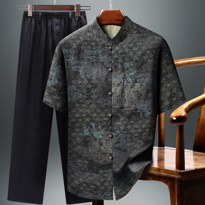 Xiangyun yarn Tang suit men's mulberry silk short-sleeved middle-aged men's stand-up collar summer new real silk shirt Chinese style trend