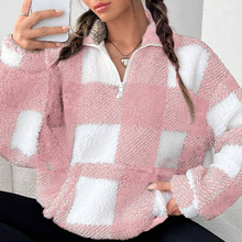 2025年欧美跨境秋冬新款拉链格子双面毛绒宽松休闲女装长袖外套女