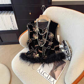 好质量中式国风鸵鸟毛刺绣马甲外套女秋季坎肩复古无袖外套上衣女