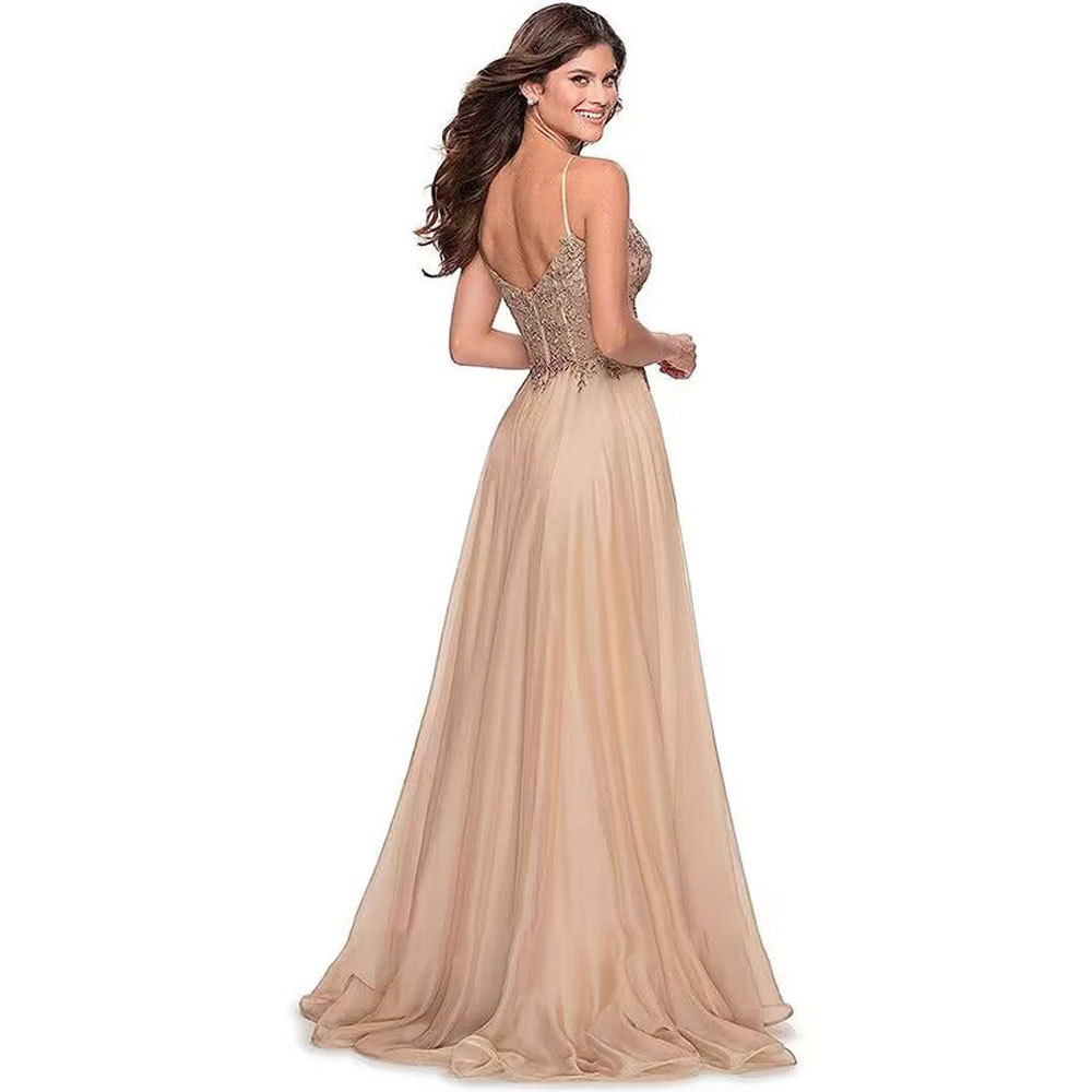 Nuevo vestido de fiesta de gasa con apliques de encaje, tirantes delgados con tirantes abiertos, vestido de noche de banquete sexy