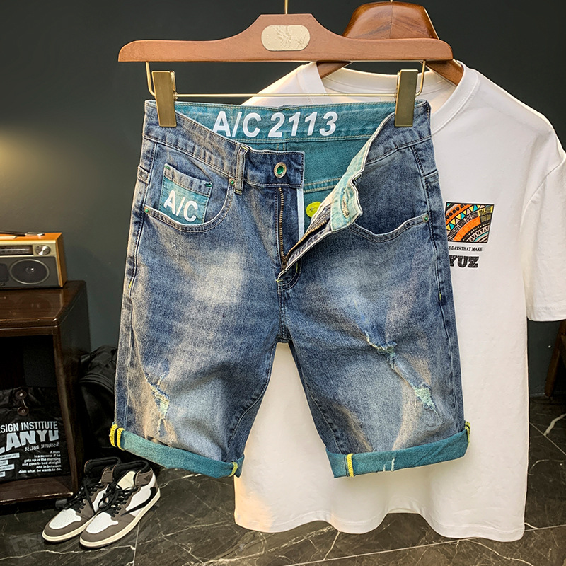 Sommer dünne Denim Sho, Männer der amerikanischen Mode-Label, abgeschabt und zerfetzt Hosen, atmungsaktives Design, lässig 5-Zoll_voghion.com