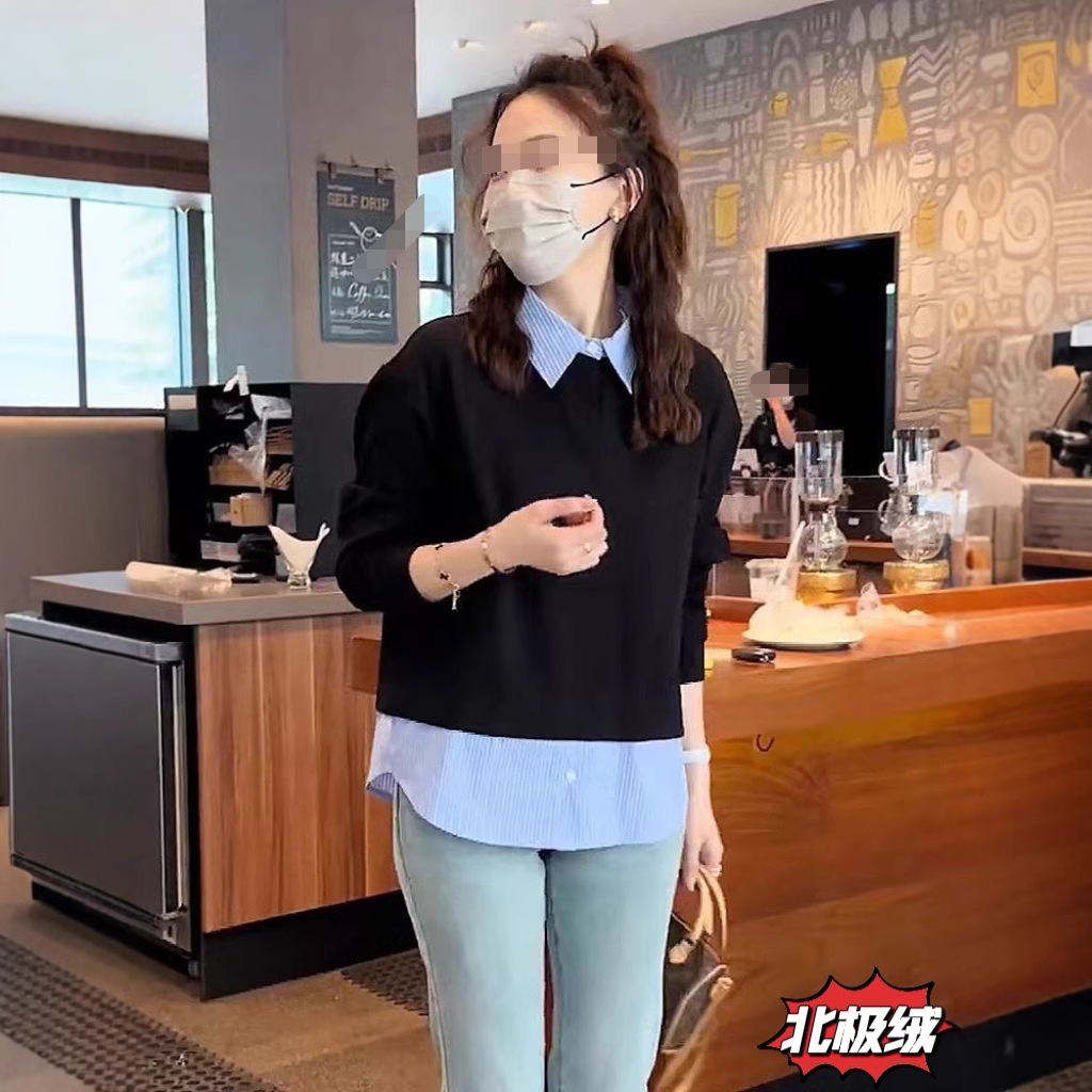 (2개) 유럽 2024 봄과 가을 새로운 하이 엔드 올 매치 페이크 투피스 스웨트 셔츠 여성용 스티칭 셔츠 디자인 틈새