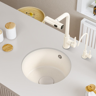 Cream-colored round quartz stone sink middle bar table single sink table up and down deepened dish basin island table size sink