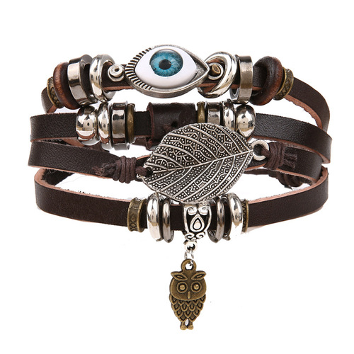 Retro Leaf Rope Braided Handmade Bead Bracelet, Fashion Multi-Layer Leather Bracelet Set for Men and Women